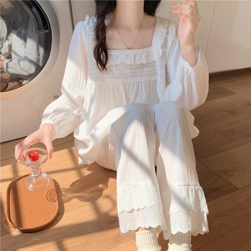 

Autumn Winter Sweet Lace Cotton Pajamas Square Collar Solid Color Comfortable Outer Wear Long-sleeved Trousers Homewaer Set D493