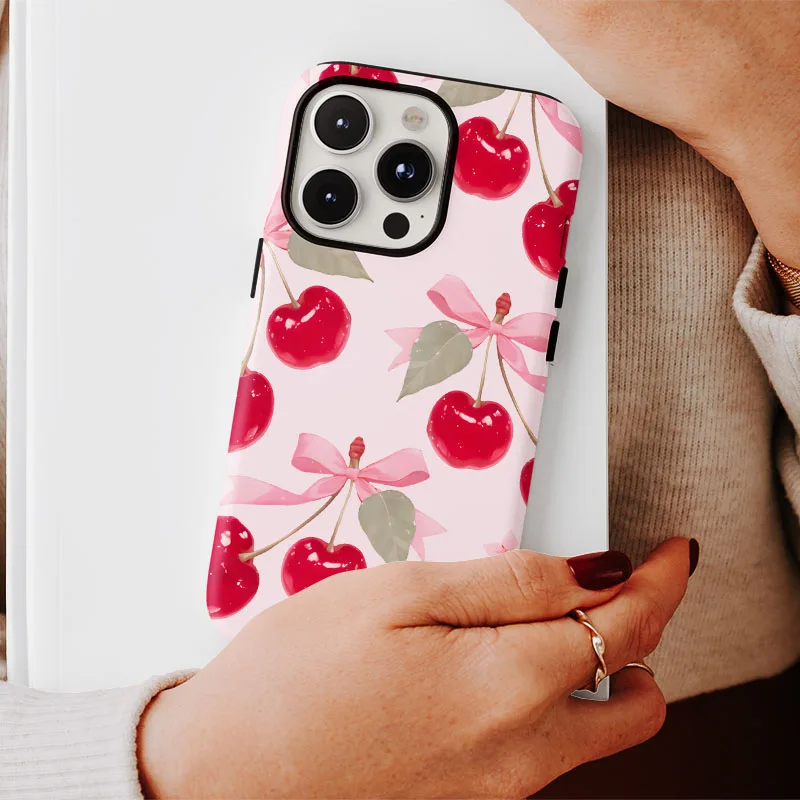 Pink Cherry Shockproof Phone Case with 2-in-1 Film Shell Cover