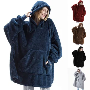 Capispalla invernale da donna con cappuccio caldo e spesso, solido ed elegante, morbido doppio pile, pullover tascabile unisex, felpe lunghe con cappuccio, abbigliamento per la casa 1