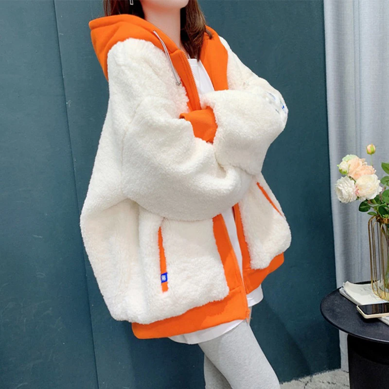 

New Women's Autumn Winter Thick Lamb Wool Sweater Coat Loose Oversized Hoodie Outerwear Female Casual Warm Hooded Sweatshirt