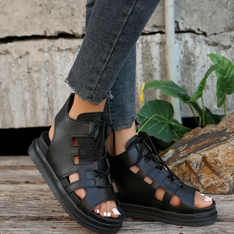 Wedge Heel Thick-Soled Roman Shoes Leather Sandals Summer New Fish Mouth Peep Toe Shoes Women's Sandals