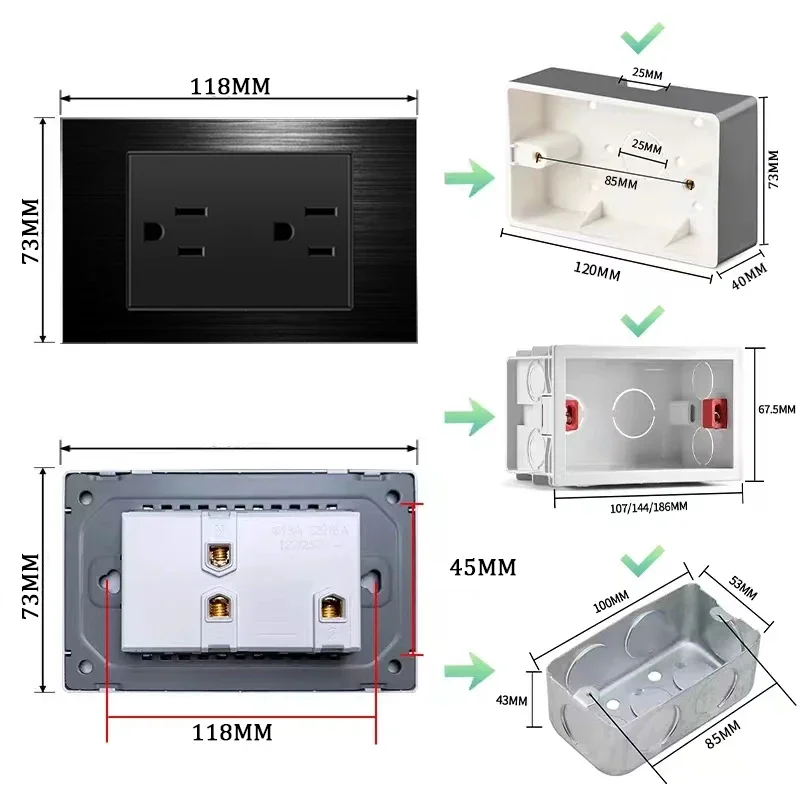 American Black Wall Electrical Light Switch Panel,Mexico Dual USB Quick Charge Type C Socket Plug,US Household PC Power Outlet