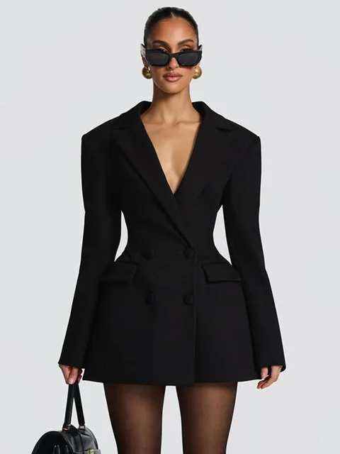 Mozision Deep V Neck Long Sleeve Sexy Mini Blazer Dress Women Elegant Double-breasted High Waist Club Party Blazers Dress 1