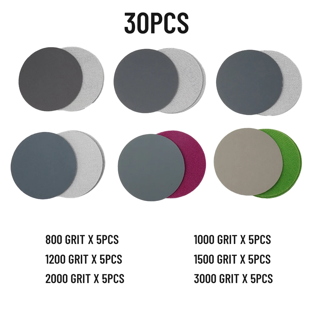 30pcs 3 Inch 75mm Sanding Disc Wet/Dry Sandpaper 800/1000/1200/1500/2000/3000Grit Hook-Loops Sander Discs For Sanding Polishing