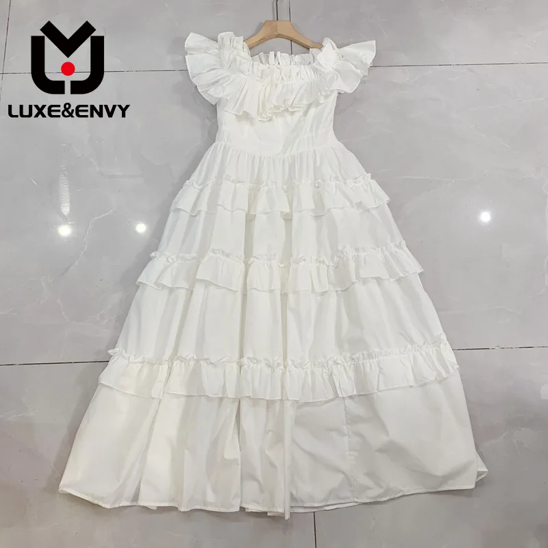 

LUXE&ENVY 2023 Summer New Fashion Simple Ruffle Edge Off Shoulder Maxi Cotton Large Swing Dress Long