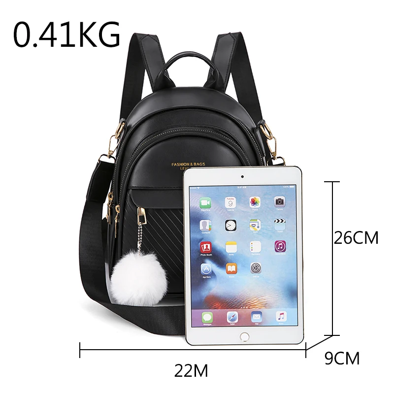 Three-layer Zipper Women\'s Backpack Fashion Hair Ball Pendant Girl Student School Bags Solid Color Casual Travel Ladies Backpack