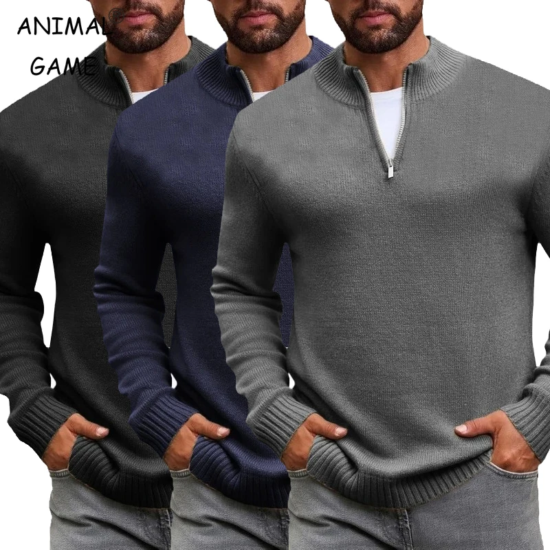 Autumn Men's Zip Pullover Sweater Knit Mock Neck Polo Sweater Winter Outdoor Long Sleeve Sweaters Solid Color Daily Warm Coats