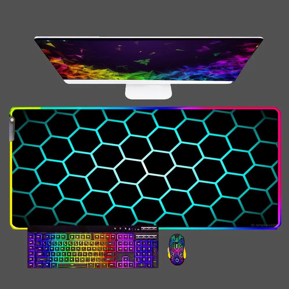 

Anime Geometric 90x40 XXL Rubber Large PC Mousepad RGB Gamer Gaming Mouse Pads LED Backlight Keyboard Desktop Soft Computer Mat