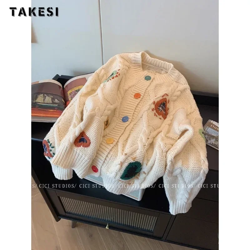 

Женский вязаный кардиган с длинным рукавом, повседневный винтажный однобортный свободный свитер составного кроя с круглым вырезом, зима 2023