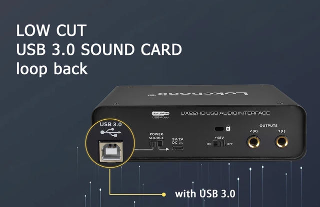 Tarjeta de sonido de interfaz de Audio UX22, convertidor AD de 24  bits/192KHz, guitarra eléctrica