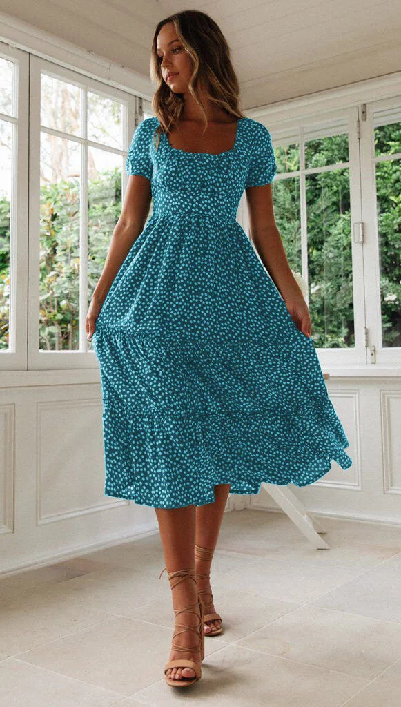 Long Sleeve Ditsy Dresses Womens Dresses Ditsy Floral Print Flounce Sleeve  Shirred Dress (Color Blue And