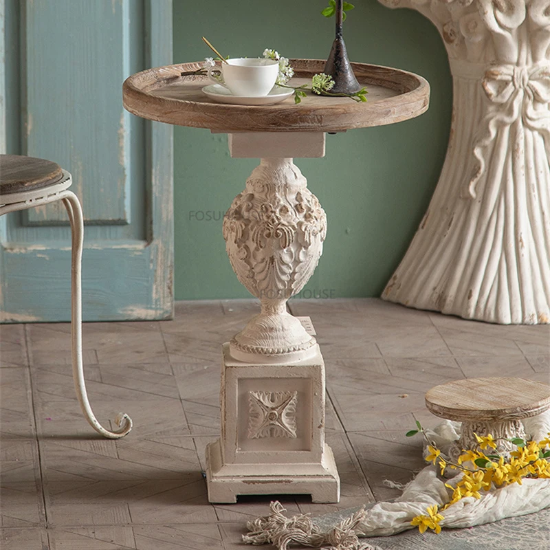 Nordic Solid Wood Coffee Table for Caf&eacute; Furniture Small Round Table Vintage Upscale Roman Carving Design Coffee Shop Side