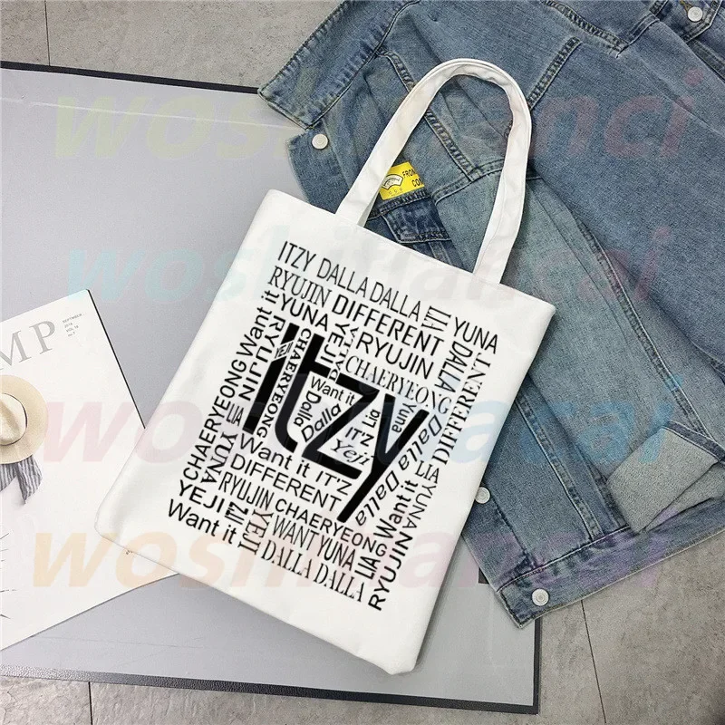 ITZY Logo Kpop Korean Girl Group Ulzzang Shopper Bag Print Canvas Tote Bag Handbags Women Bag Harajuku Shoulder Bags custom jurassic park dinosaur shopping canvas bags women washable groceries sci fi fantasy movie film tote shopper bags