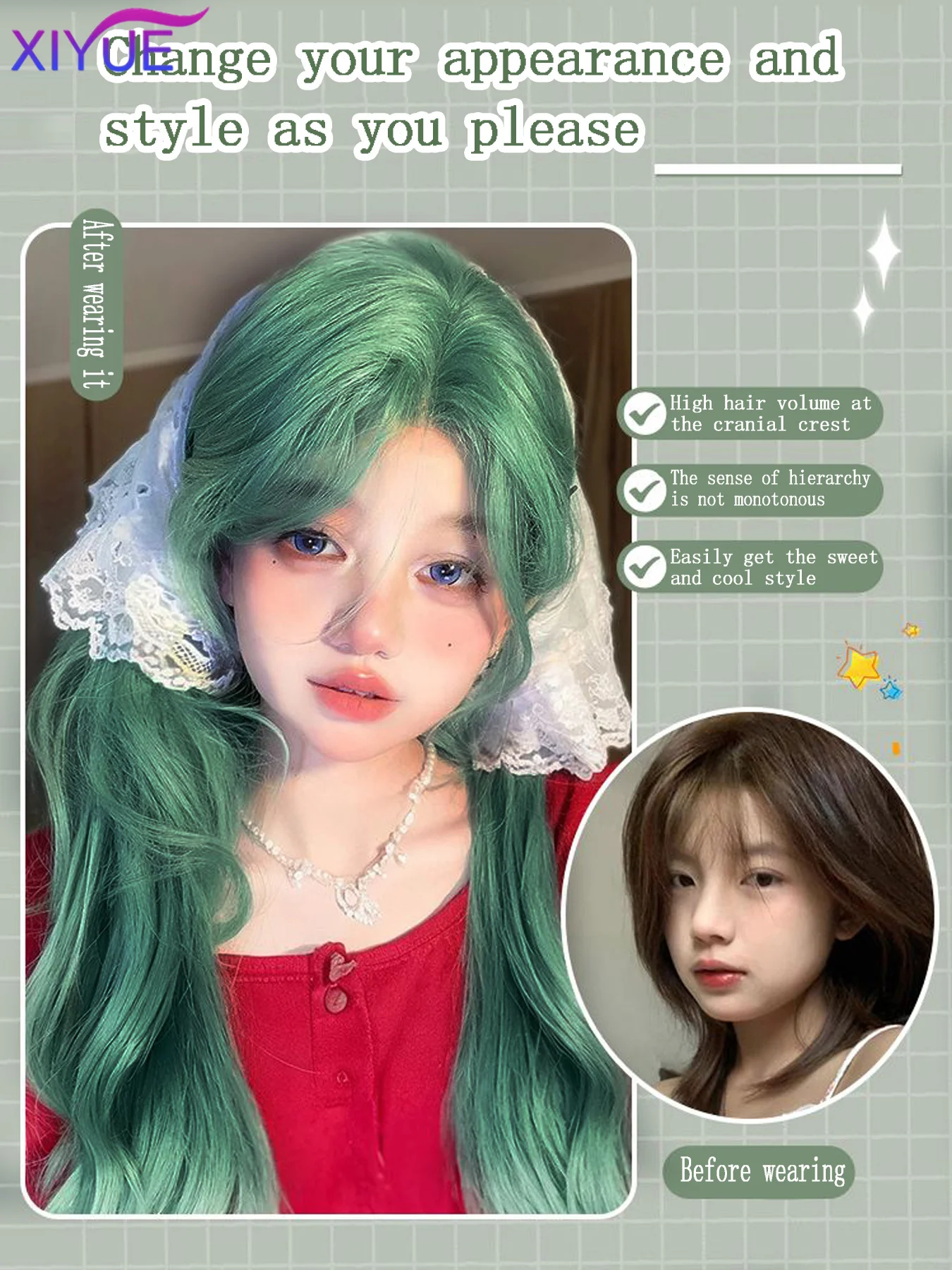 XIYUE Wig Women's Long Hair Mint Green Star Same Style Synthetic Long Curly Hair Versatile COS Full Head Set