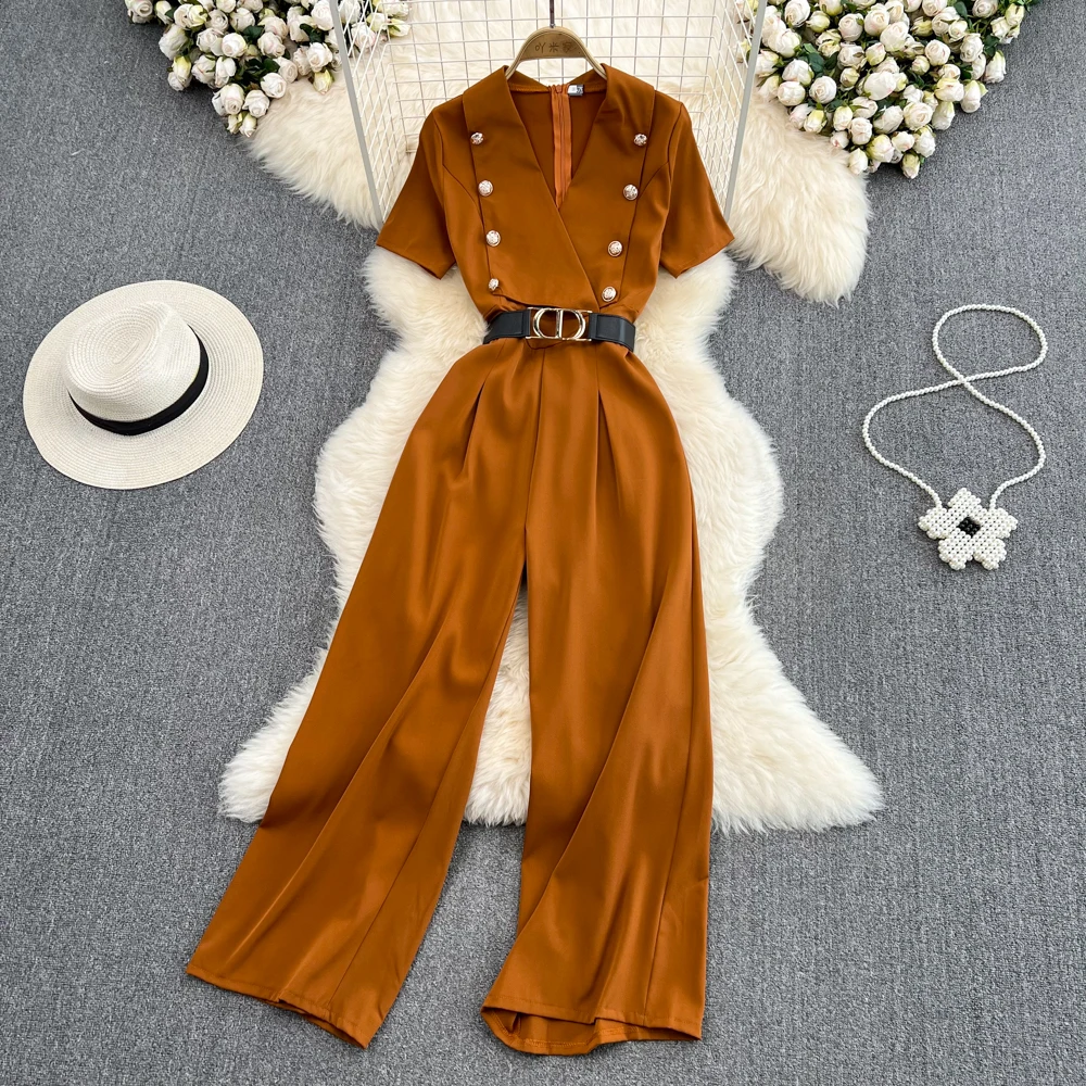 

Fashionable Temperament Short-sleeved V-neck Jumpsuit Women's Summer New High-waist Drape Straight Wide-leg Pants Jumpsuit