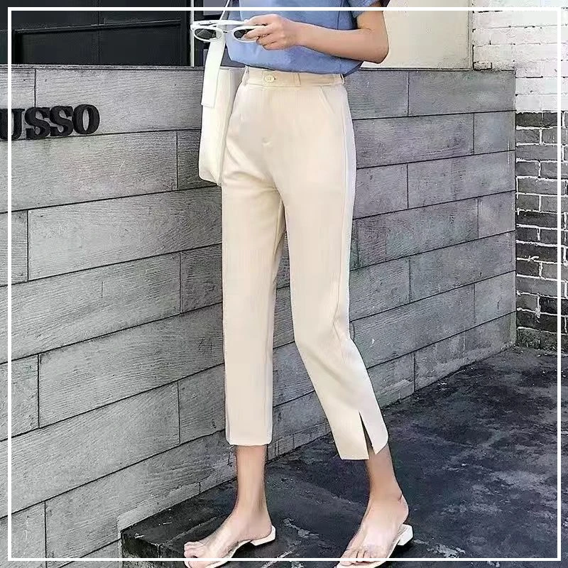 

2024 Spring and Summer Casual Minimalist Fashion Trend Versatile Solid Color Mid Rise Straight Leg Side Slit Cropped Suit Pants