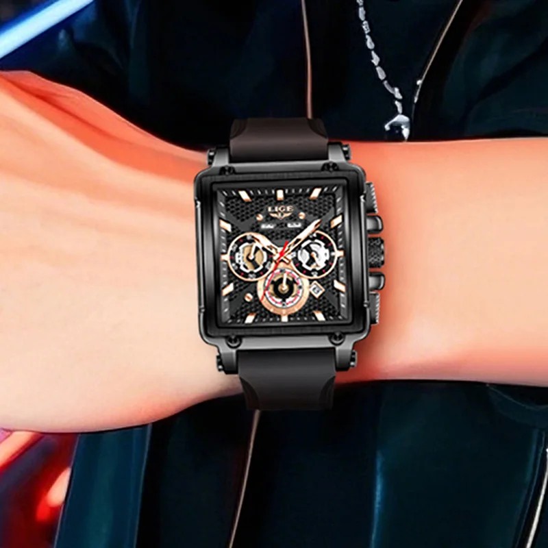 LIGE New Black Silicone Waterproof Watches Men Classic Business Sports Date Men's Quartz Wristwatch fashion Square Watch For Men