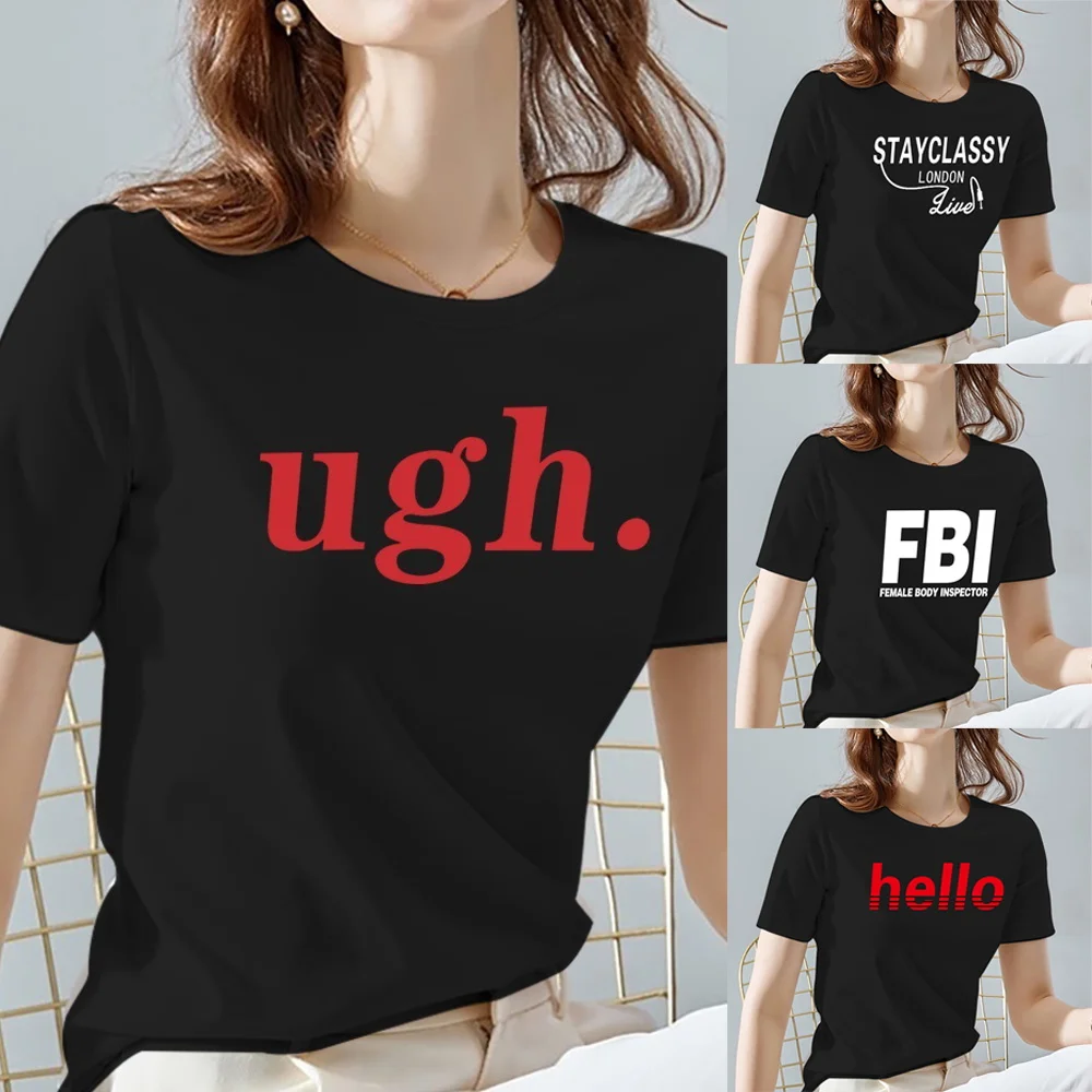 

Women Tshirts 2022 Summer Text Pattern Print Female Tops Tee Casual Black and White Basis Ladies T-shirt Women Clothing