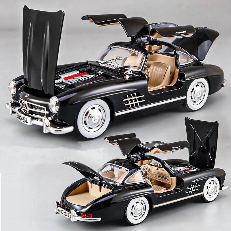 Фото Модель автомобиля из сплава 1:24 Benzs 300SL, литой металлический игрушечный классический автомобиль, модель автомобиля, имитация звука, фотоколлекция, детские подарки №1