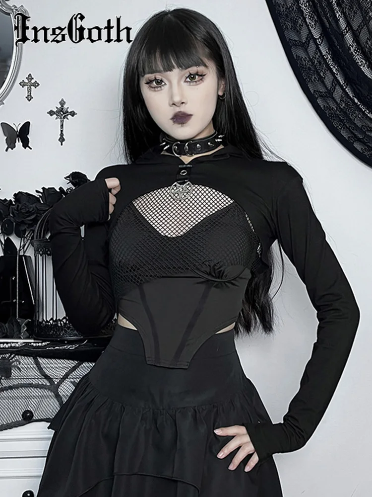 

InsGoth Women Sexy Off Shoulder Gothic Punk Lace Hoodie Crop Top Long Sleeve Bandage Sweatshirt for Rave Halloween Costume