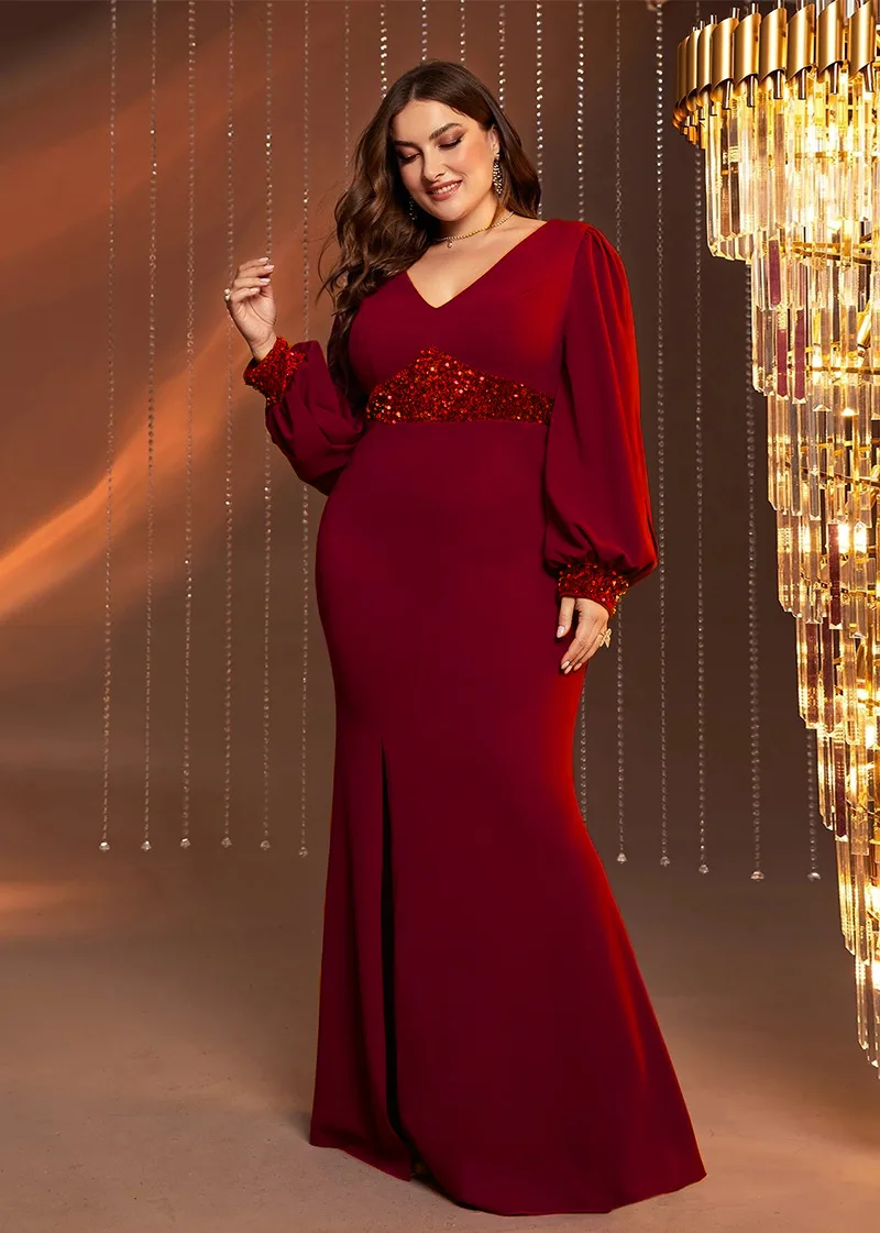 

Plus Size Women Elegant Dresses Fashion Long Sleeve V-Neck Slim Party Dresses Large Size Female Wedding Guest Evening Dress 2023