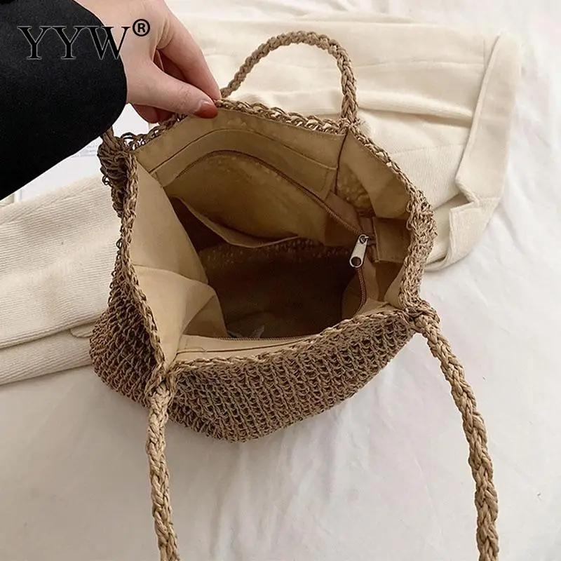 Casual Straw Wheat Woven Pattern Women Handbag Zipper Large Capacity Paper Rope Summer Beach Tote Bag Single Shoulder Lady Purse
