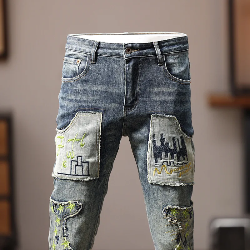 Jeans Men's Stitching Patchwork Fashion and Handsome Street Slim Fit Light Straight-Leg Embroidery Personality Motorcycle Pants
