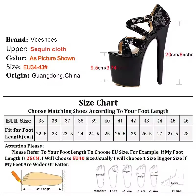 20CM Super High Heels Summer Platform Women Nightclub Party Shoes 2025 New Cross Band Black Sequin Model Walking Show Sandals