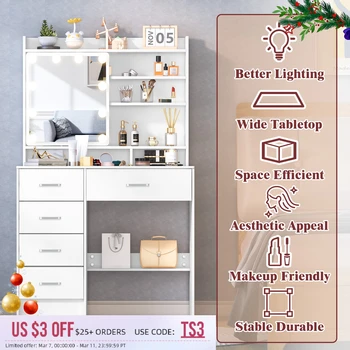 Elegant Vanity Set with Lights, 5-Drawer Makeup Dresser & LED Lighted Mirror, Glam Dressing Table for Bedroom, Furniture