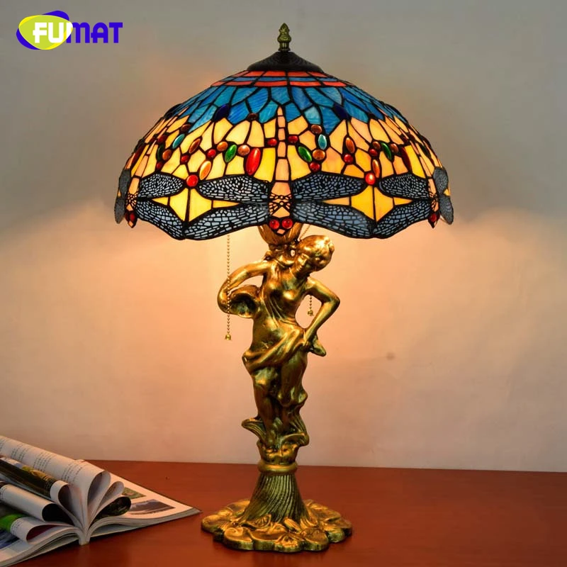 

FUMAT European Style Dragonfly Shade Table Lamp Home Decor Art Stained Glass Table Lights For Living Room Bedside LED Table Lamp