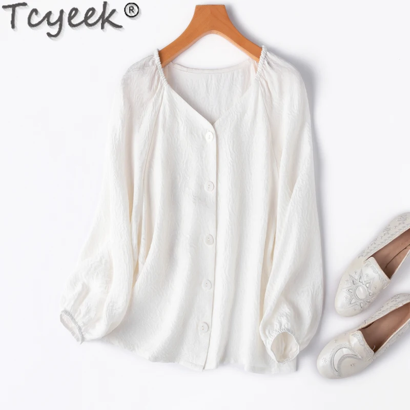 

Tcyeek 100% Mulberry Silk Womens Shirt Spring Summer Long Sleeve Top White Elegant Shirts for Women Clothes Camisa Feminina