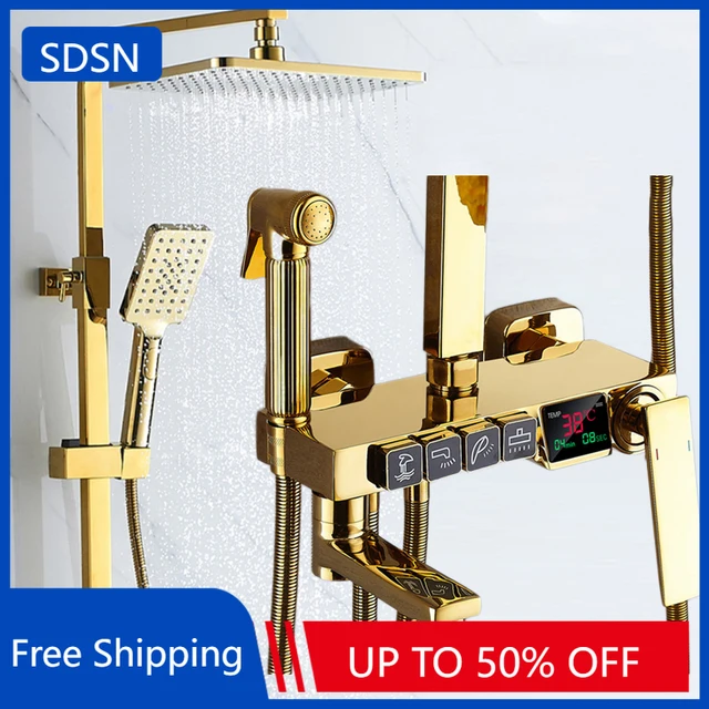 SDSN Gold ร้อนเย็นดิจิตอลชุดฝักบัวอาบน้ํา 12 นิ้วหัวฝักบัวทองเหลืองก๊อกน้ําห้องน้ํา Thermostatic ระบบ 1