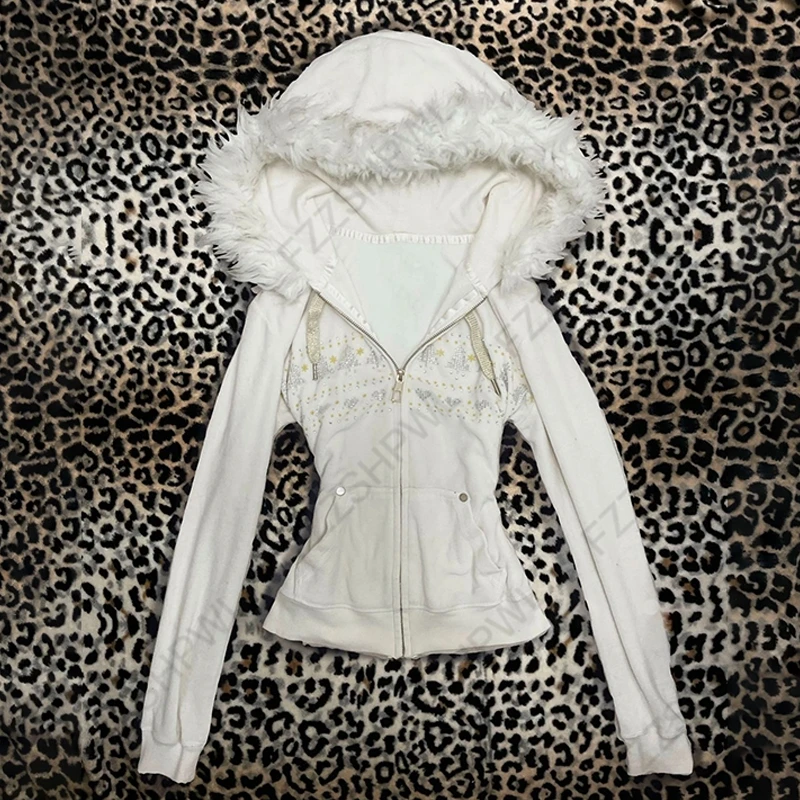 Y2K Fur Hood Zip Up Hoodie Women/Unisex Cotton Goth Streetwear