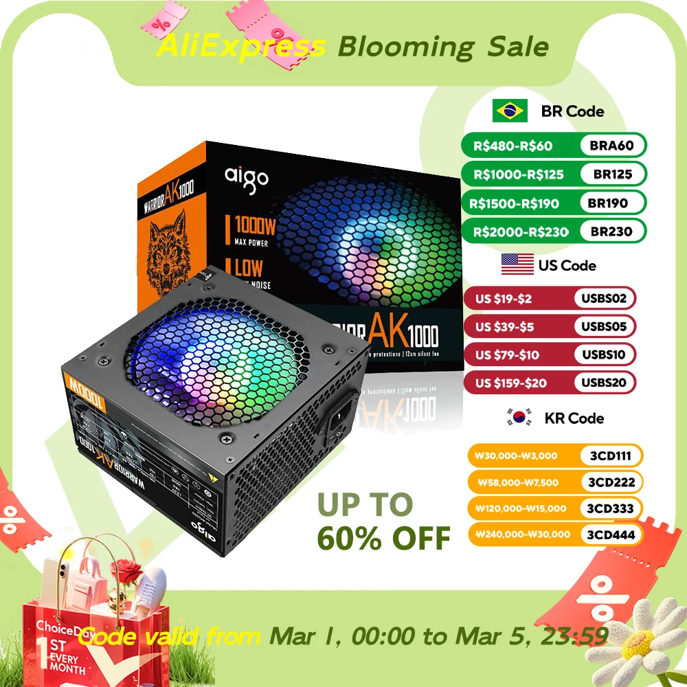 AIGO Power Supply 500W 600W 700W 800W 1000W ATX DIY Gaming PC Desktop 120mm RGB Fan Computer PSU Fonte for 7800X3D