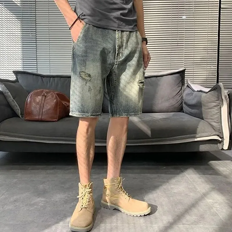 2024 New Summer Perforated Denim Shorts Fashion Men's Business Travel High Quality Street Loose Thin Straight Shorts Light Blue
