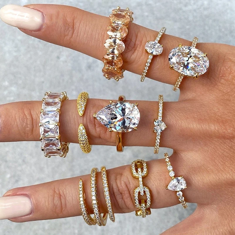 Handmade Eternity Promise Gold Crystal Ring AAA CZ Zirconia Engagement Wedding Band Rings for Women Men Finger Party Jewelry