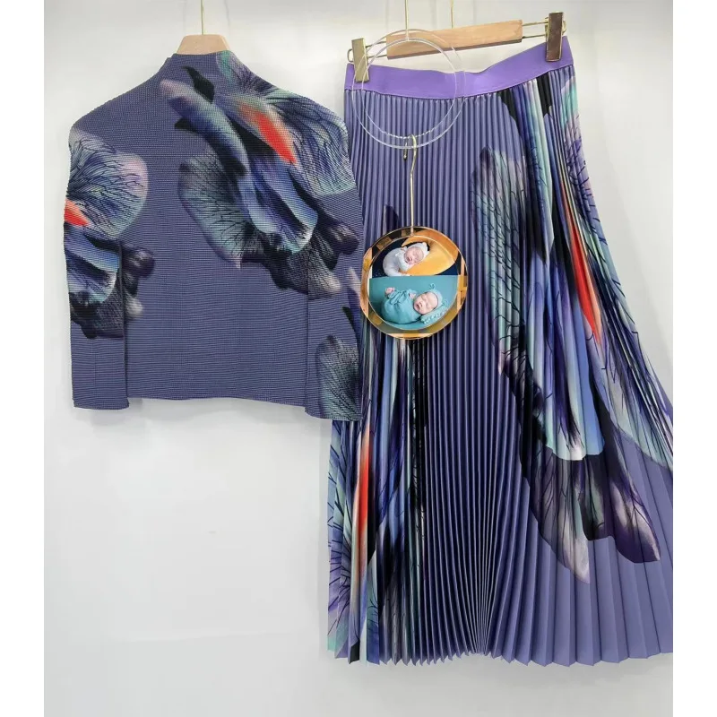 Miyake Style Pleated 2 Piece Set  Autumn New Printed Corn Pleated Loose T-shirt Fashion High Waist Pleated Skirt Suit for Women