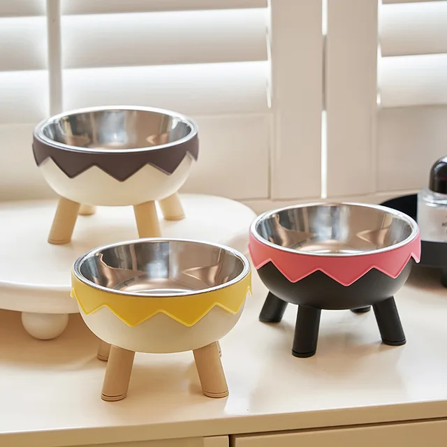 Pet bowl anti knock plastic feeding bowl drinking water protection cervical spinedrinking waterbowl high footstainless steelbowl 4