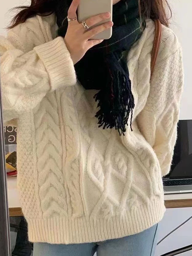 

Casual Sweater Women Autumn Winter Solid Color Twisted Knitted Pullover Female Korean Fashion Vintage Loose Long Sleeve Knitwear