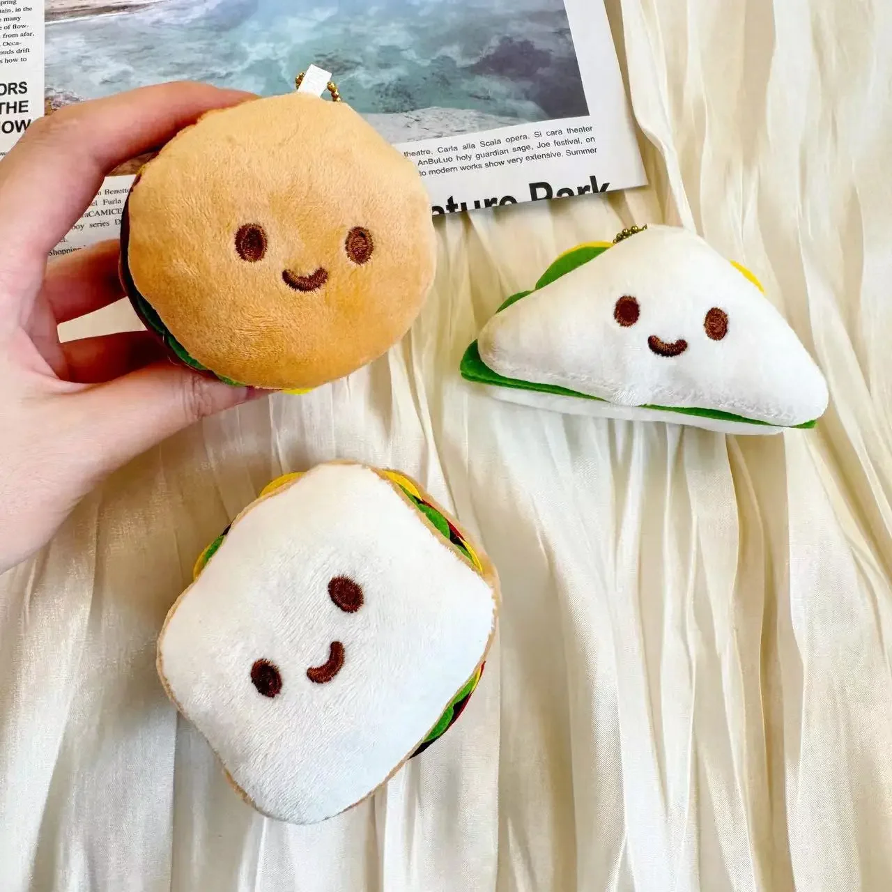 Korean Q Version Simulation Food Hamburger Three Mentally Plush Doll Wall Hanging Toy Expression Bag Toast Keychain PP Cotton Fi