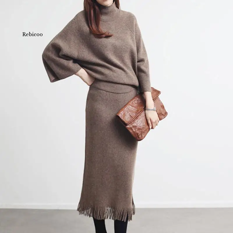 

Wool Knitted 2 Piece Sets Women Elegance O-neck Sweater + High Waist Skirts Women Business Matching Sets Knit Korean Sets Dress