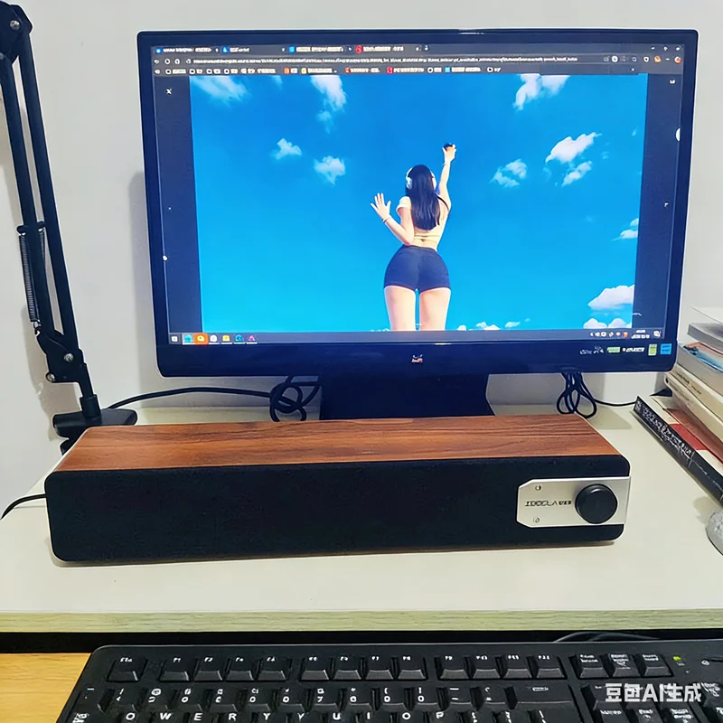 데스크탑 컴퓨터용 목재 블루투스 컴퓨터 스피커, HiFi 스테레오, USB 전원 소형 PC 사운드바, 볼륨 조절 노브 포함, 플러그 앤 플레이