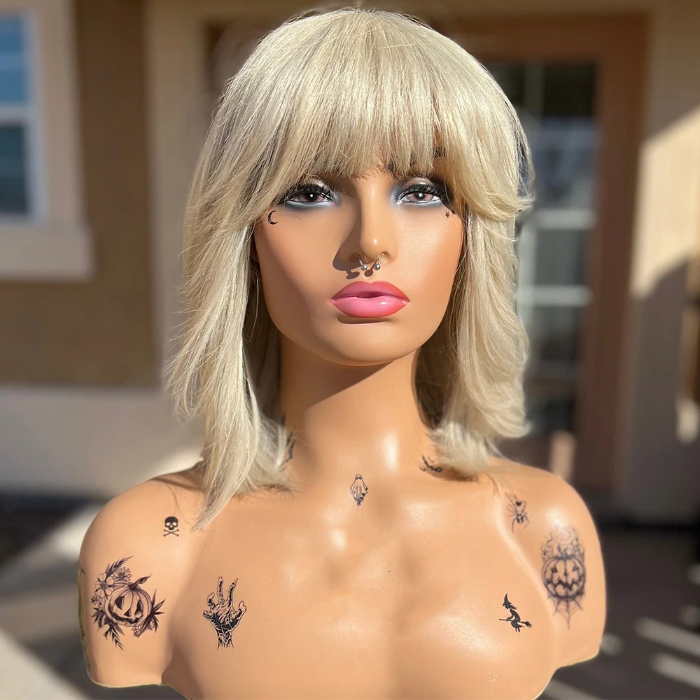 Platinum Blonde Bob Cut Hair Synethetic Lace Front Wig Lace Free Bang Wig 180 Density 14" Heat Resistant Short for Women