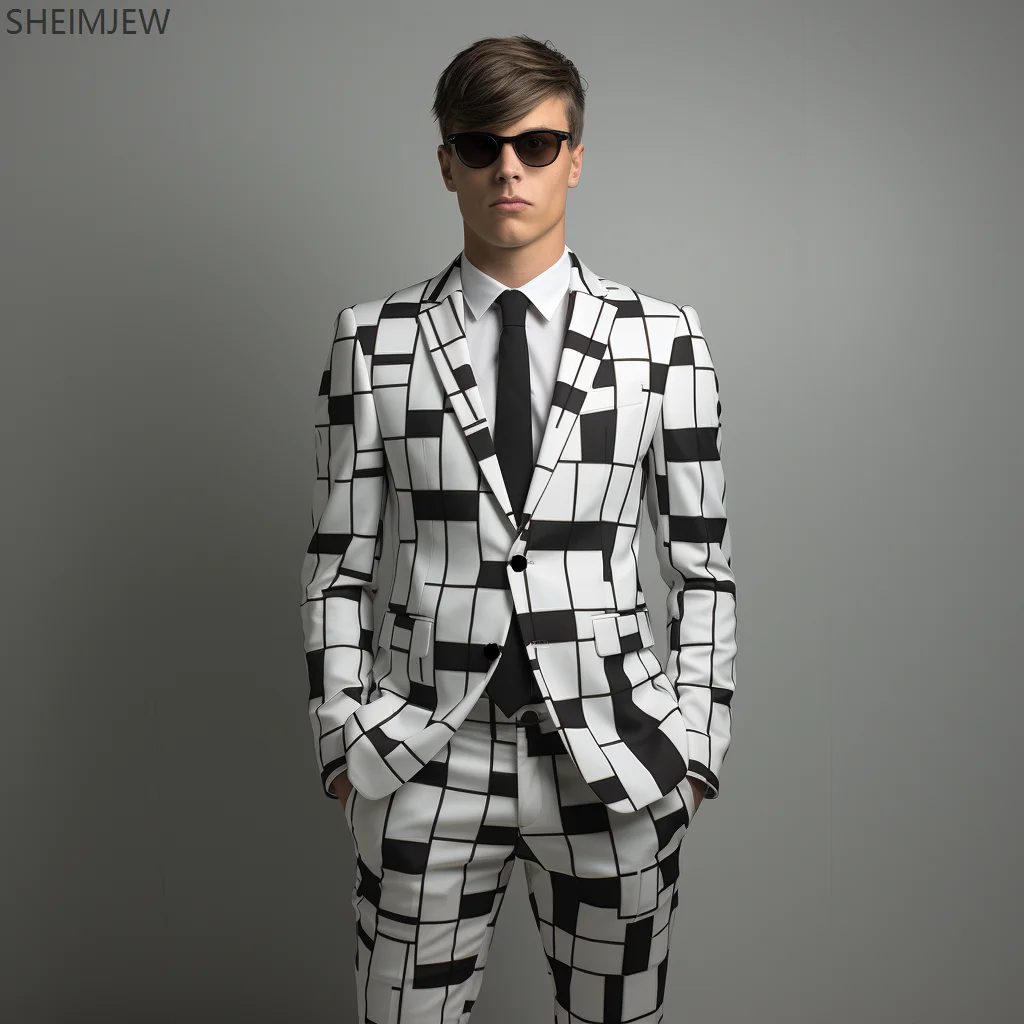 Check Stripe Print Men Casual Suit Everyday Classic Business Jacket Pants Simple Premium Suits Two Piece Set Formal Dress
