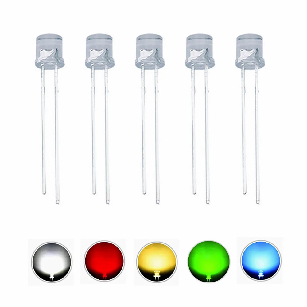 100PCS 5mm Flat Top LED Diode White/Red/Green/Blue/Yellow Light Emitting Diodes Bright Lighting Bulbs Electronics Components