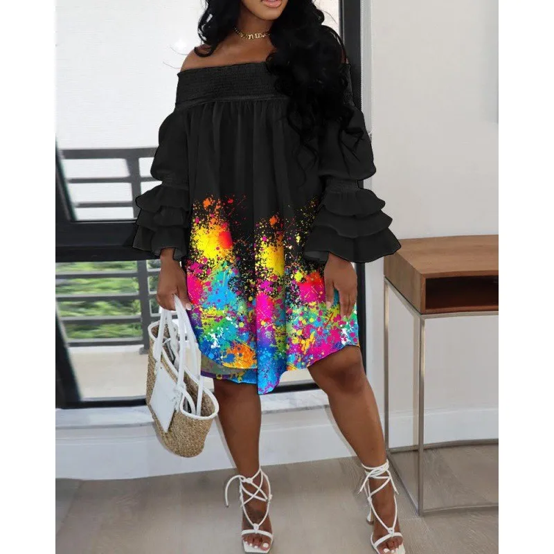 

2023 Womens Summer Dress Flower Print Stacked Sleeve One Line Neck Irregular Wearing Garment Street Trendy Female Clothing