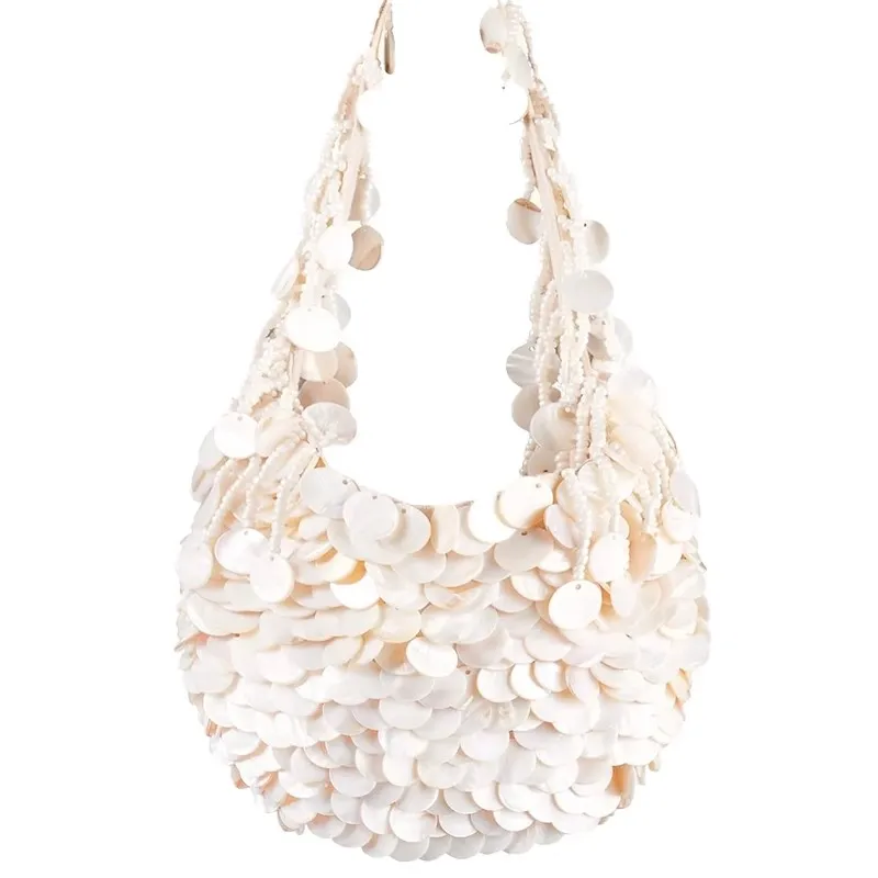 Fashion Shell Beaded Handmade Bucket Bag Ring Wood Handheld Tote Bag Luxury Clutch Purse Women Handbag Shoulder Crossbody Bag