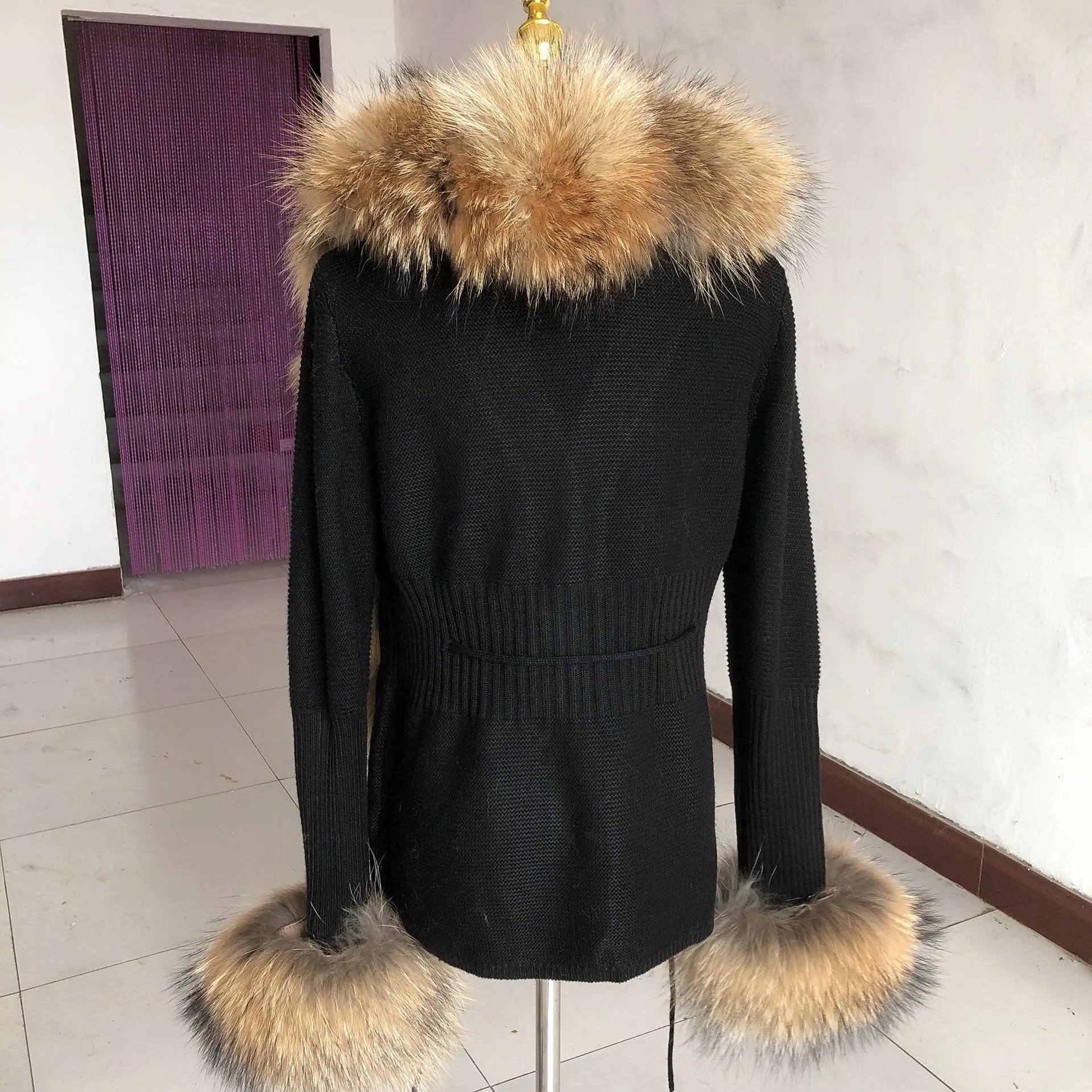 Women's spring and autumn sweater cardigan jacket with real fox fur collar real fox fur jacket natural fox fur women's jacket 3