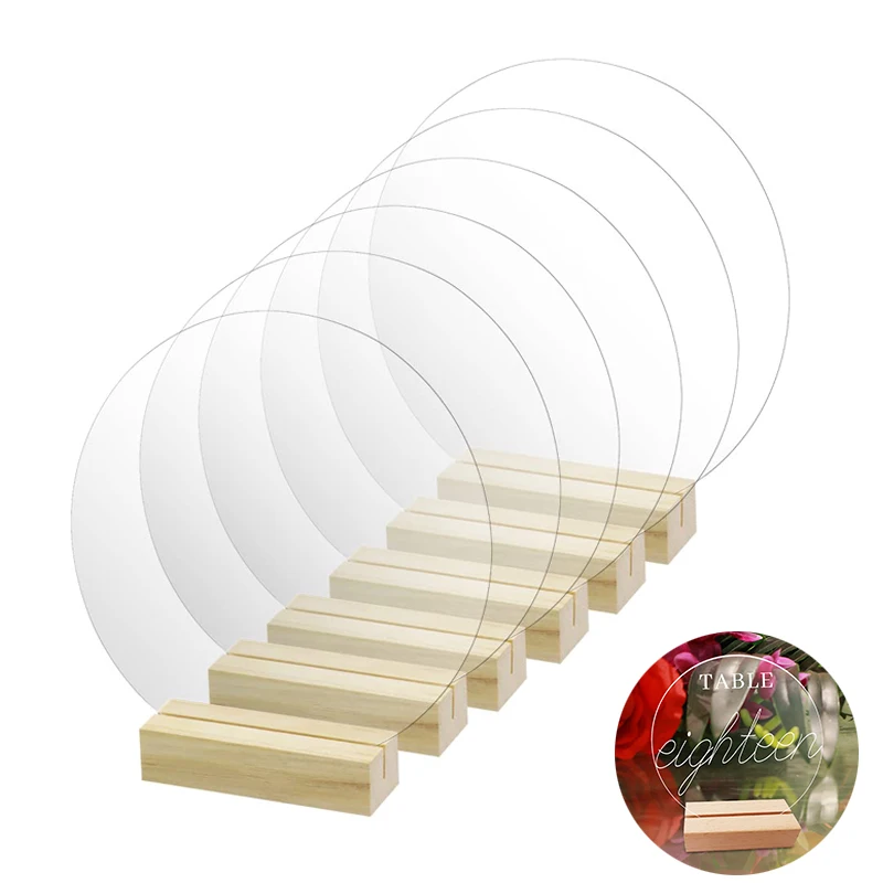 Acrylic Signs with Wood Base Stand Clear Blank Round Craft Sheets for Wedding Table Numbers Party Centerpieces Making DIY