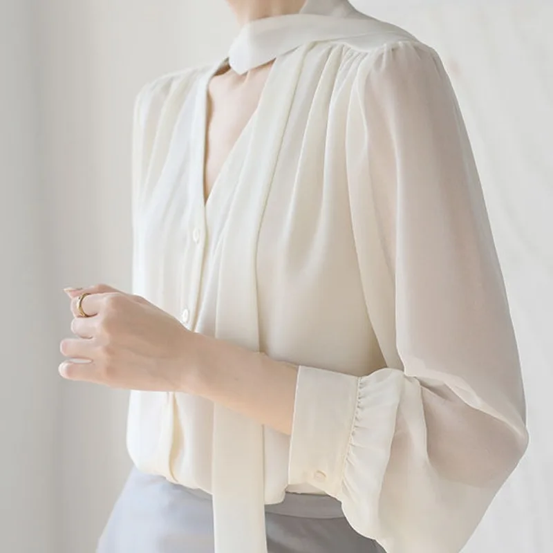 V-neck Bubble Sleeve Casual Ribbon Chiffon Shirt for Women Blouses 2024 Underwear Spring Shirts Autumn New Shellort Top Chemise